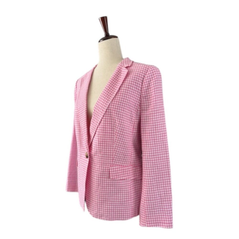 Talbots Women's Classic Summer Pink Blazer Gingham Plaid Linen Blend Sz 14P NWOT - Picture 7 of 13